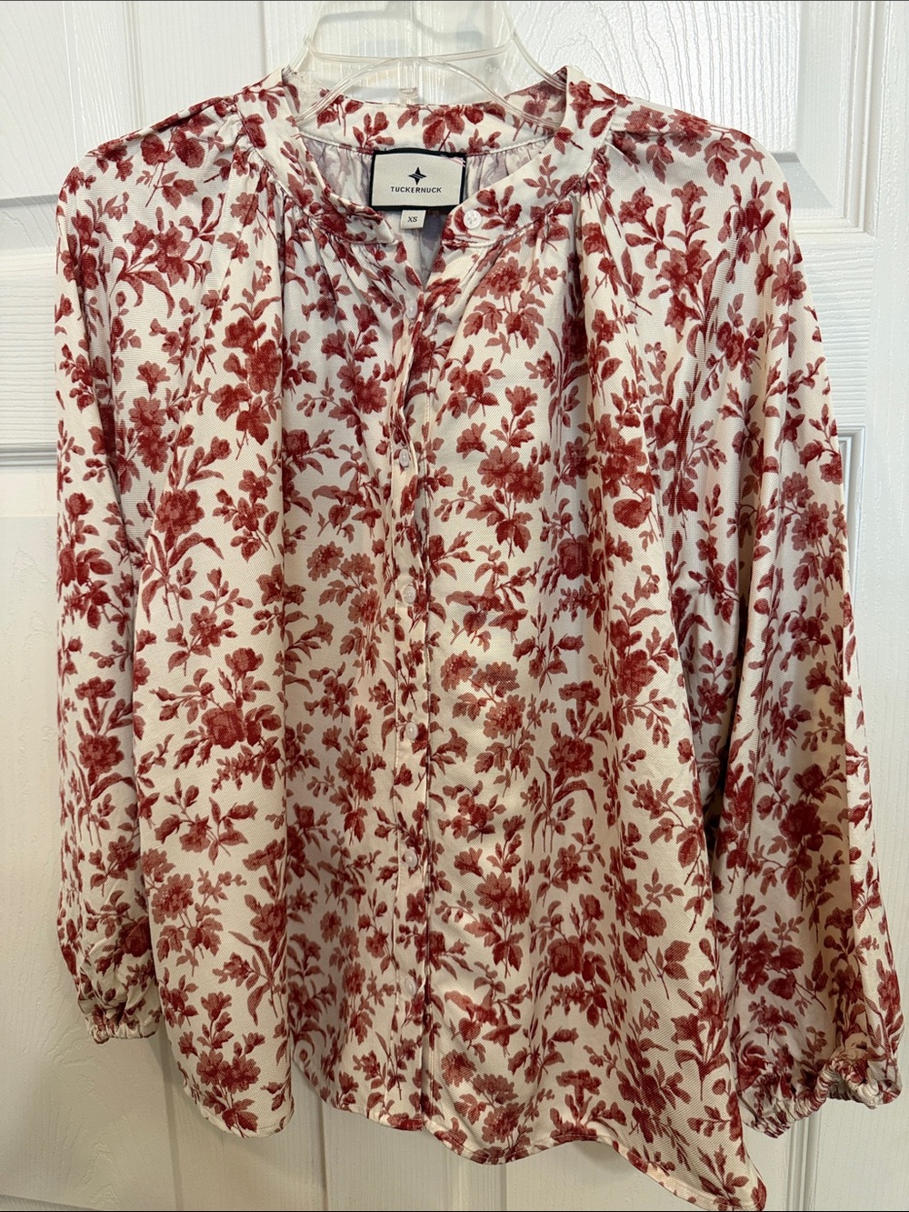 Tuckernuck Cream Blouse with Dark Red Floral Pattern